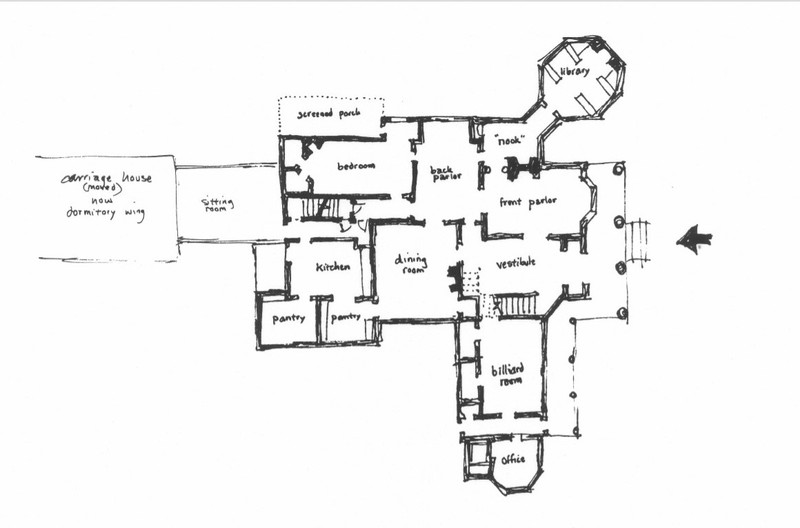 Sketch of first floor plan of Plumb House from NRHP nomination (Cawthon 1984)