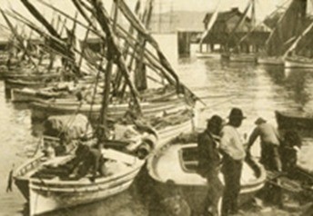 The Italian fishing fleet, circa 1900, upon being relocated to the area that later became known as Fisherman's Wharf