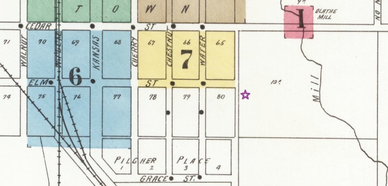 Albert Ott House (purple star) on 1901 Sanborn master map of Olathe (Sanborn Map Company p. 1)