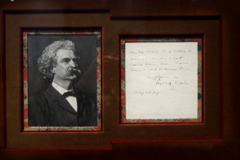 This handwritten maxim is an example of an inscription Clemens might have written on the flyleaf of a book he was gifting to a family member or friend.   "On the whole it is better to deserve honors and not have them, than to have them but not deserve them.  Truly Yours  Mark Twain May 25/07"