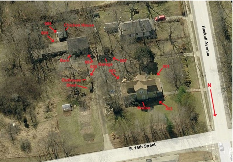 Aerial photo with Kibbee Farmstead buildings labeled and photo locations marked (Ford 2012)