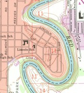 map showing streets of Lincoln Drive Neighborhood in bend of river.