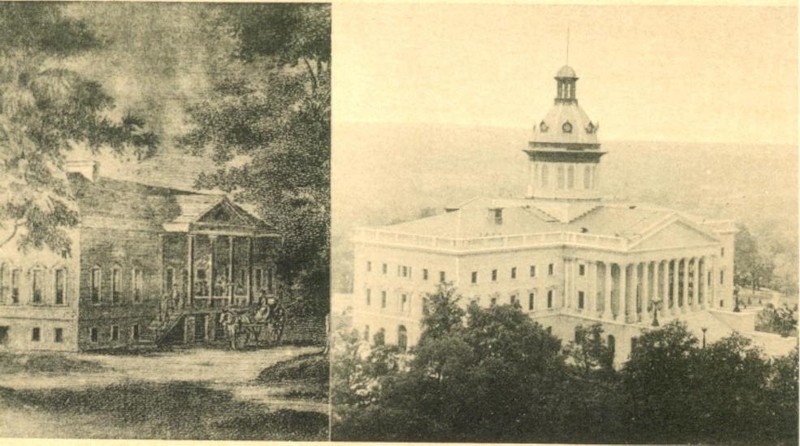 Postcard depicting the original State House/County Courthouse (1794) and the current State House, seen in 1936.
