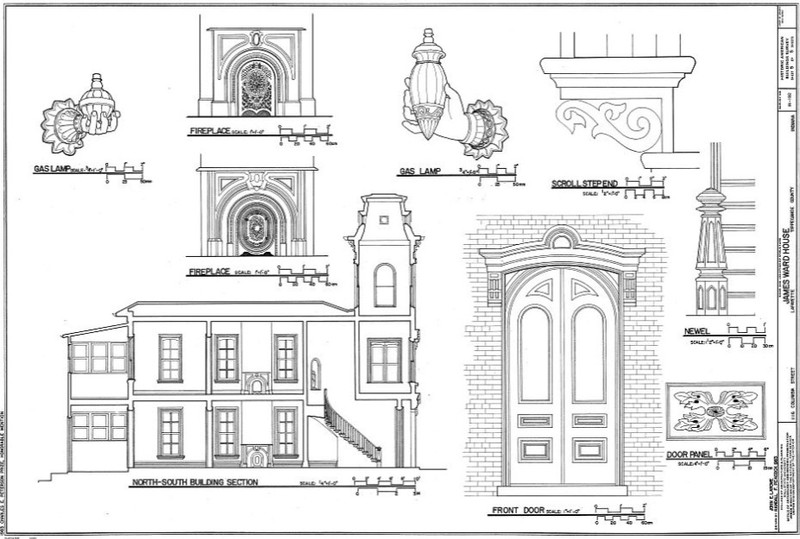 Architectural details of Ward House drawn in 1982: "hand" gas lights, mantels, door, brackets, cross-section