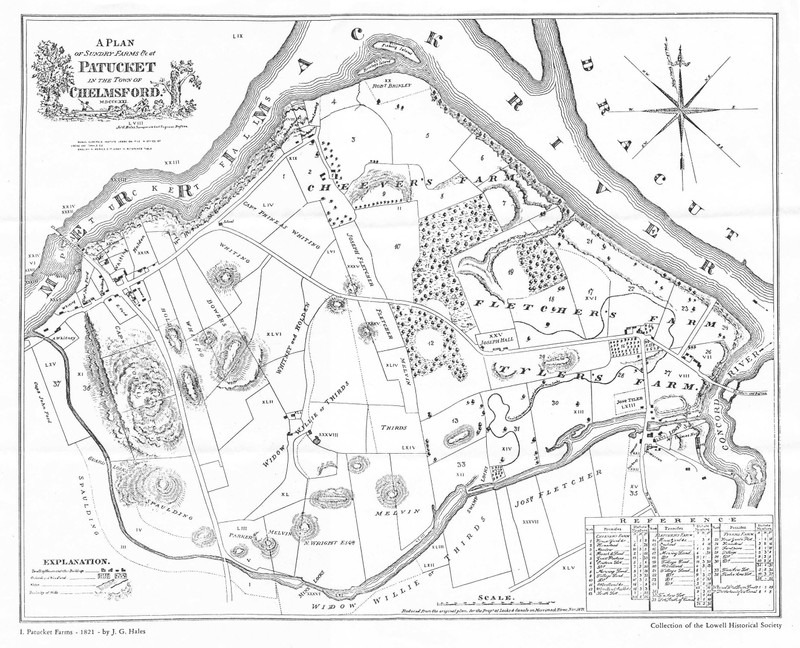 Map of East Chelmsford (later Lowell) in 1821. The area was mostly agricultural at this time.