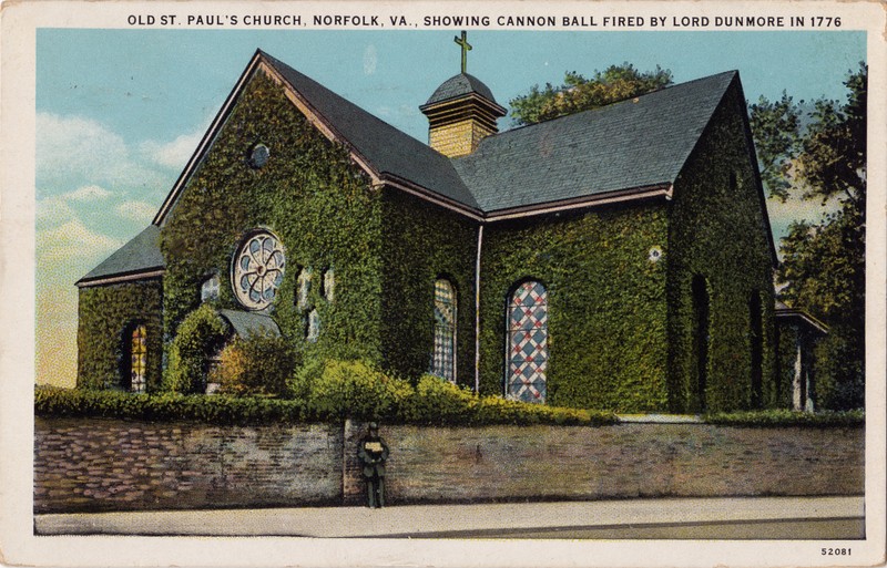 St. Paul's Church in a 1907 postcard.  Note the cannonball lodged in the upper right.