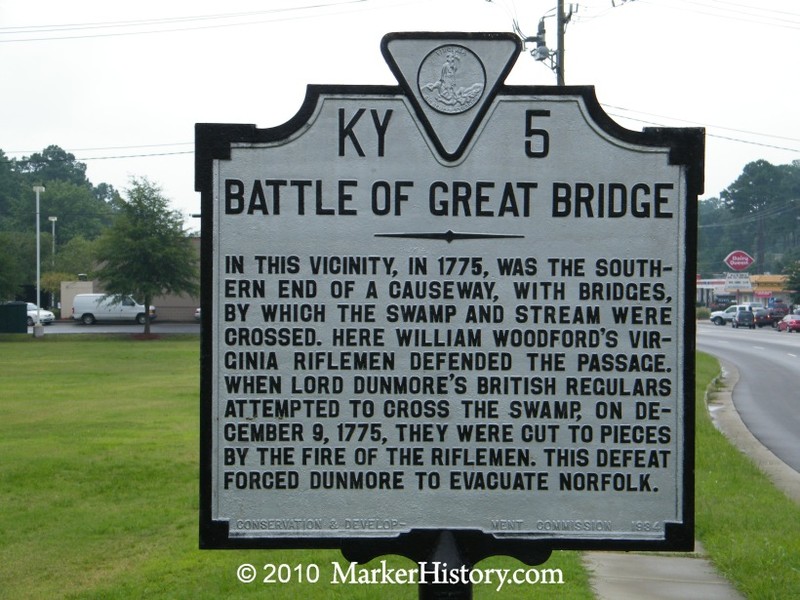 Marker at the site of the Battle of Great Bridge.