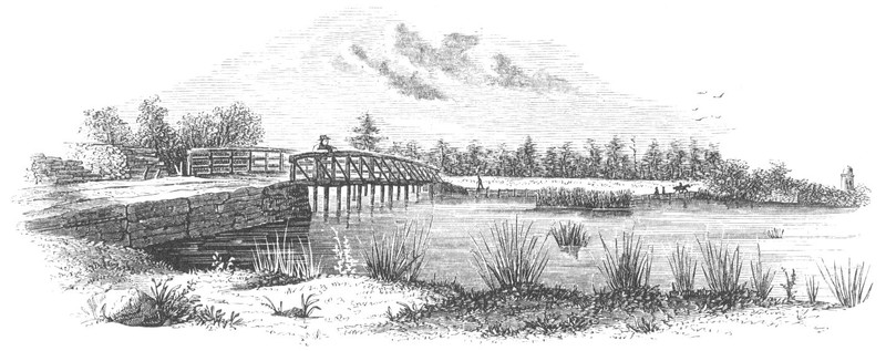 Great Bridge in 1850. Note the swampy terrain on either side of the bridge, which forced the British assault into a narrow front and resulted in many casualties.