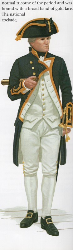 Typical uniform of a Royal Navy captain. From "The Illustrated Encyclopedia of Uniforms from 1775-1784: The American Revolutionary War."