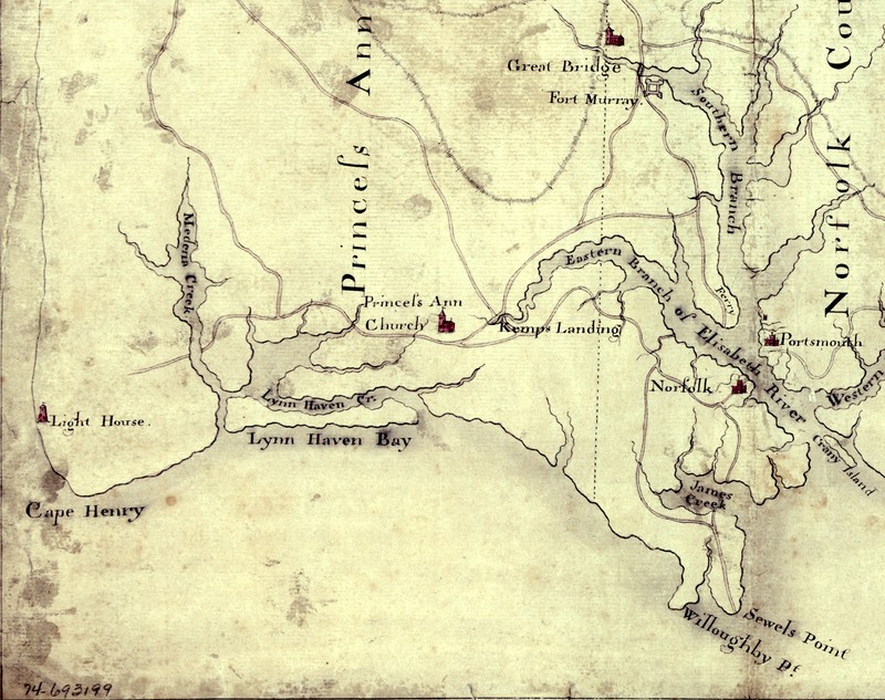 Map of the area near Norfolk at the time of the American Revolution.