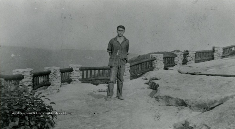 CCC member John Cortez on the overlook, ca. 1936-1942