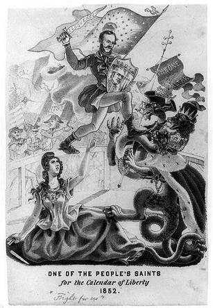 In this 1852 American political cartoon, Kossuth is pictured rescuing the Goddess of Liberty from the demonic forces of the Hapsburg Empire and its Catholic monarch. Notice the American cheering for Kossuth in the background, demonstrating the connec