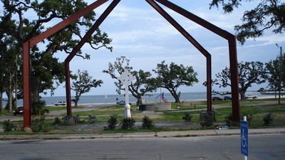 The church was destroyed in 2005 during Hurricane Katrina. The cross and arches were built on the location of the church 