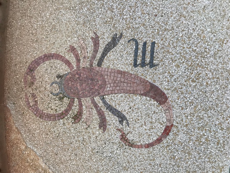 An image of a red scorpion formed from small tiles.