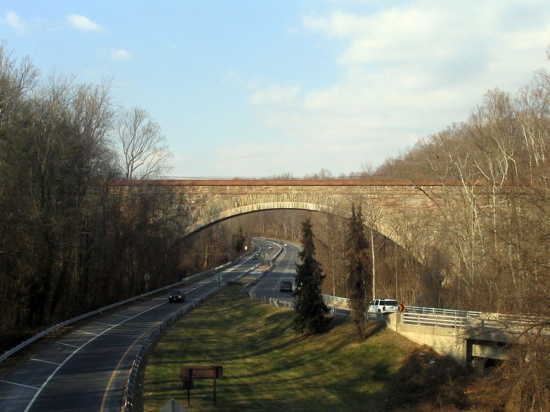 The union arch bridge carries the Washington Aqueduct across Cabin John Creek 