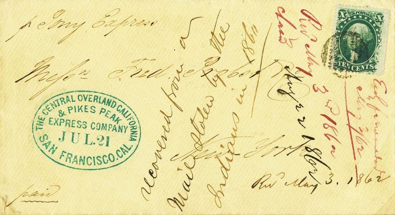 Mail Stolen from the Pony Express, which was recovered and finally reached New York on May 3, 1862. 