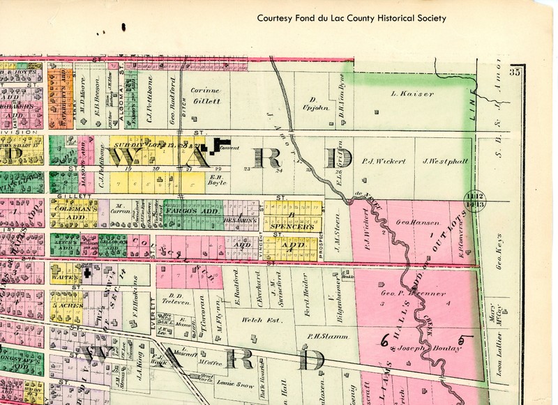 Plat map from 1874 showing the Sisters of St. Agnes Convent on Division Street