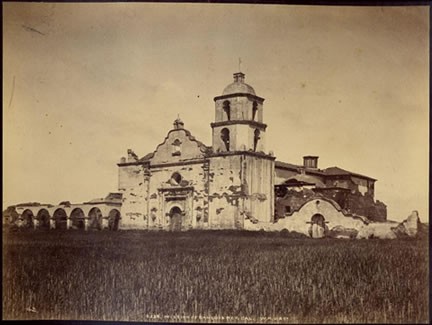 The church as it appeared in 1890. This mission features the only wooden cupola on any of the 21 California missions.