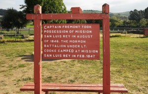 One of two markers noting the encampment of the Mormon Battalion at the mission. The  Battalion was organized by the Latter Day Saints Church in the hopes that it would lead to more support from the U.S. government.