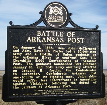 Historical marker explains the Battle of Arkansas Post when more than 30,000 Union men forced the surrender of about 5,000 Confederates at Fort Hindman.