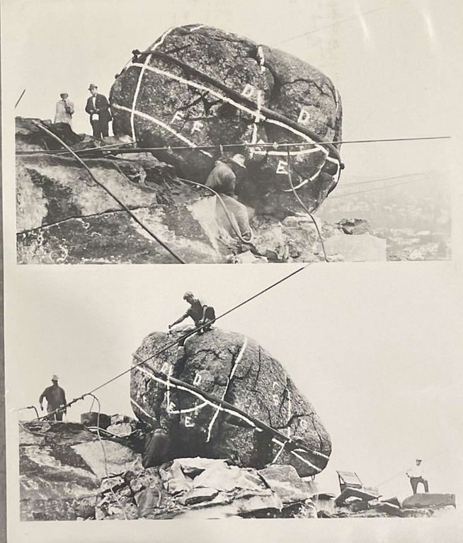 Two black and white photographs of various workers working on the Rollstone Boulder, with white lines marking the boulder and ropes holding it in place.  