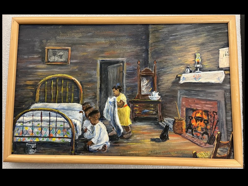 Painting of three children kneeling to pray before bed