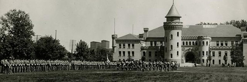 Cadets drilling in front of the Armory