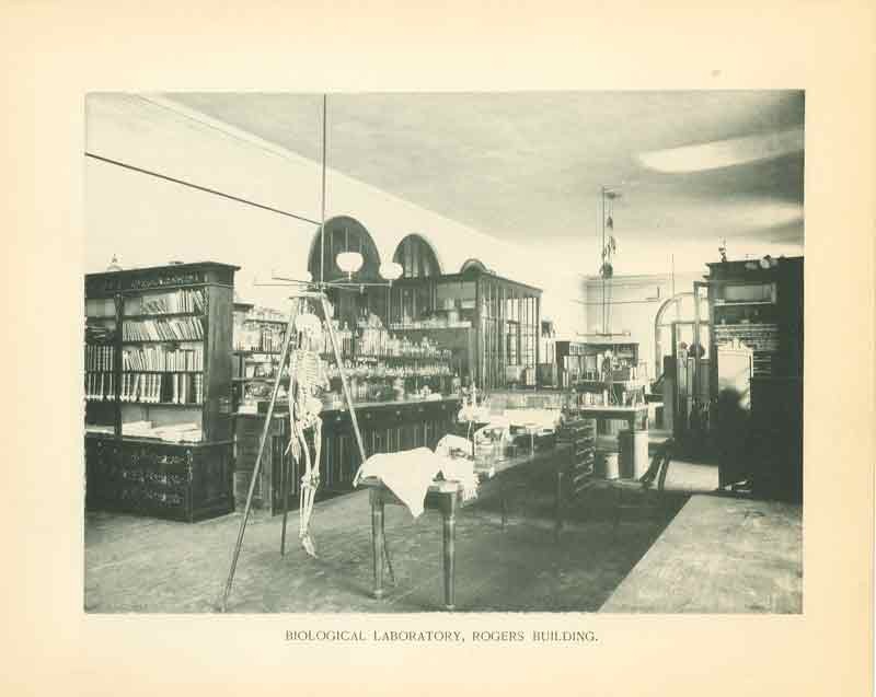 Arched windows, Skeleton on a tripod in foreground among biology lab equipment