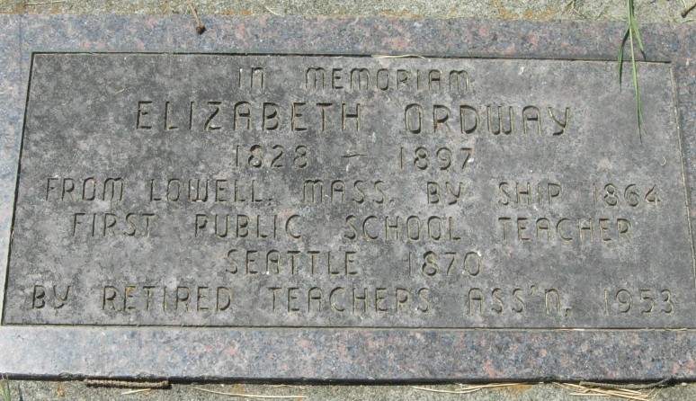 Lizzie Ordway’s grave plaque in Lake View Cemetery, Seattle, Washington. She died on September 11th, 1897 at 69 years old. 