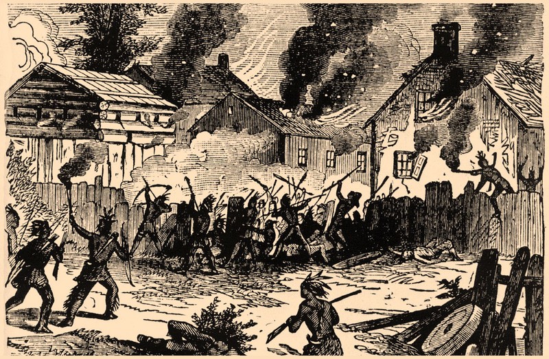A sketch portraying the Indian Raid on the town of Brookfield, MA