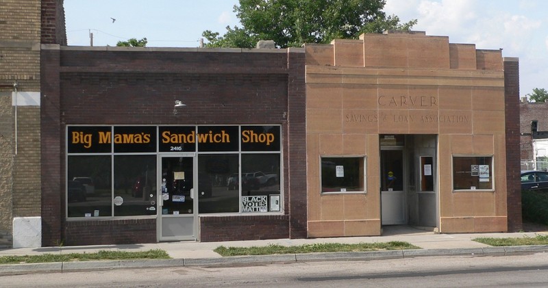 2016 photo: Big Mama's Sandwich Shop (left) and Carver Savings & Loan Association building (right)