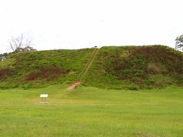 Georgia's oldest great temple mound, standing 57 feet high, dominates two smaller burial mounds and several ceremonial mounds.