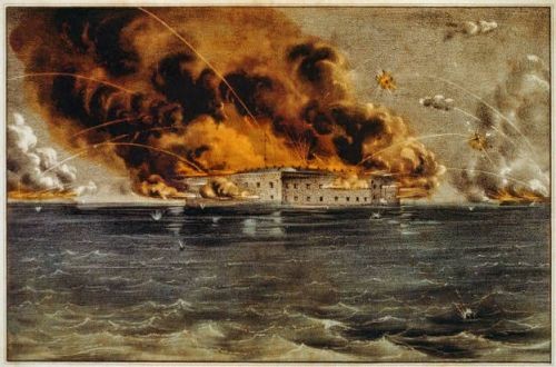 Historic print of Fort Sumter being bombarded