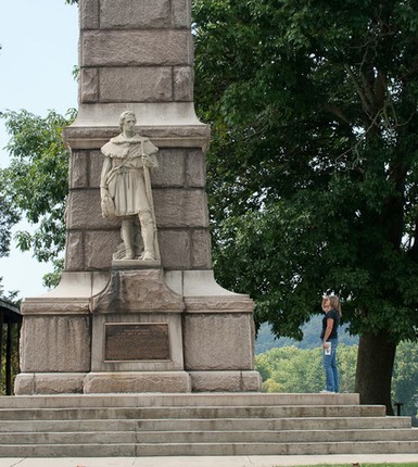 A closer view of the monument's base, which also contains plaques with details of the battle and a list of militiamen killed at the battle.