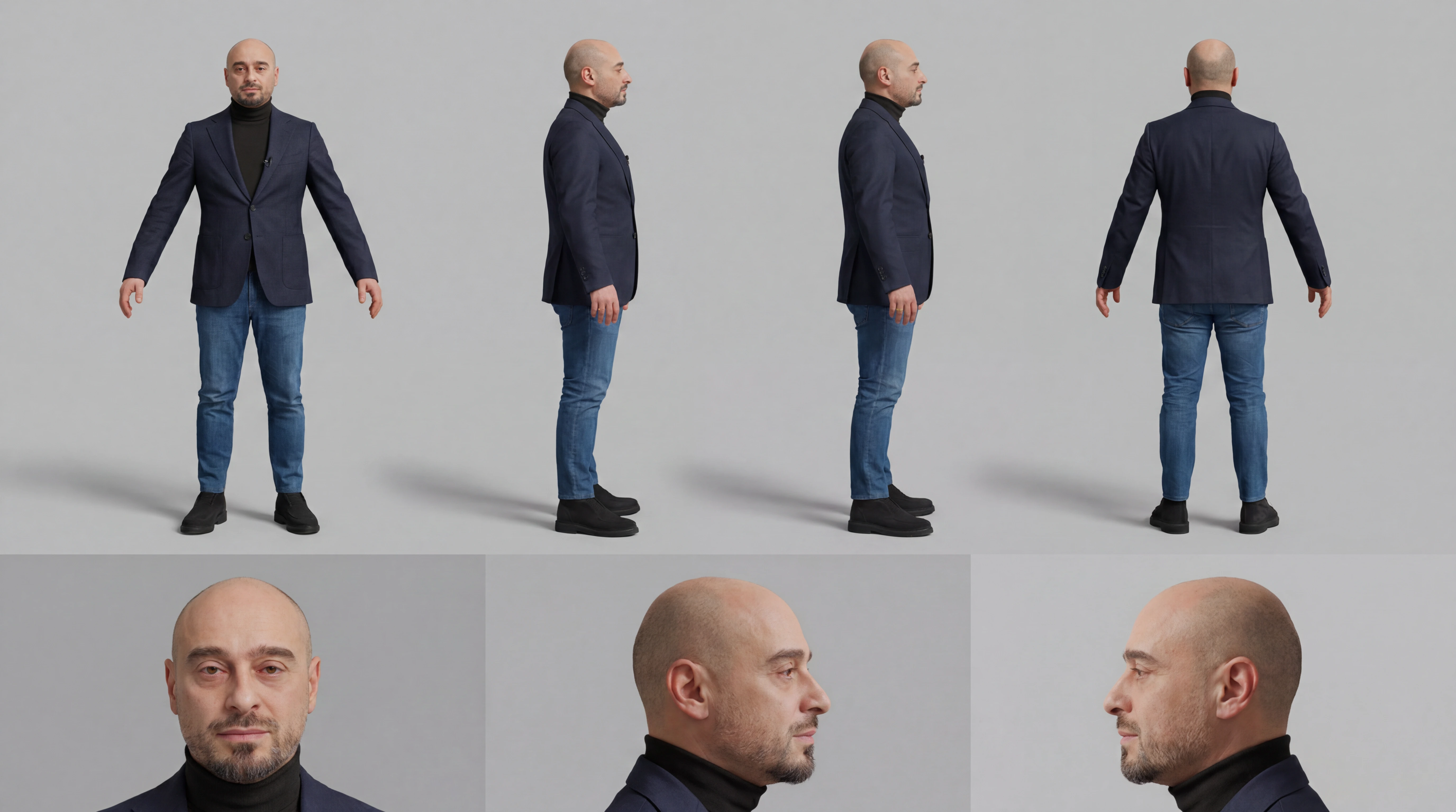 HRS Produktionsprozess: Referenzblatt mit Ganzkörperansichten und Gesichtsdetails als Grundlage der 360-Grad-Darstellung.