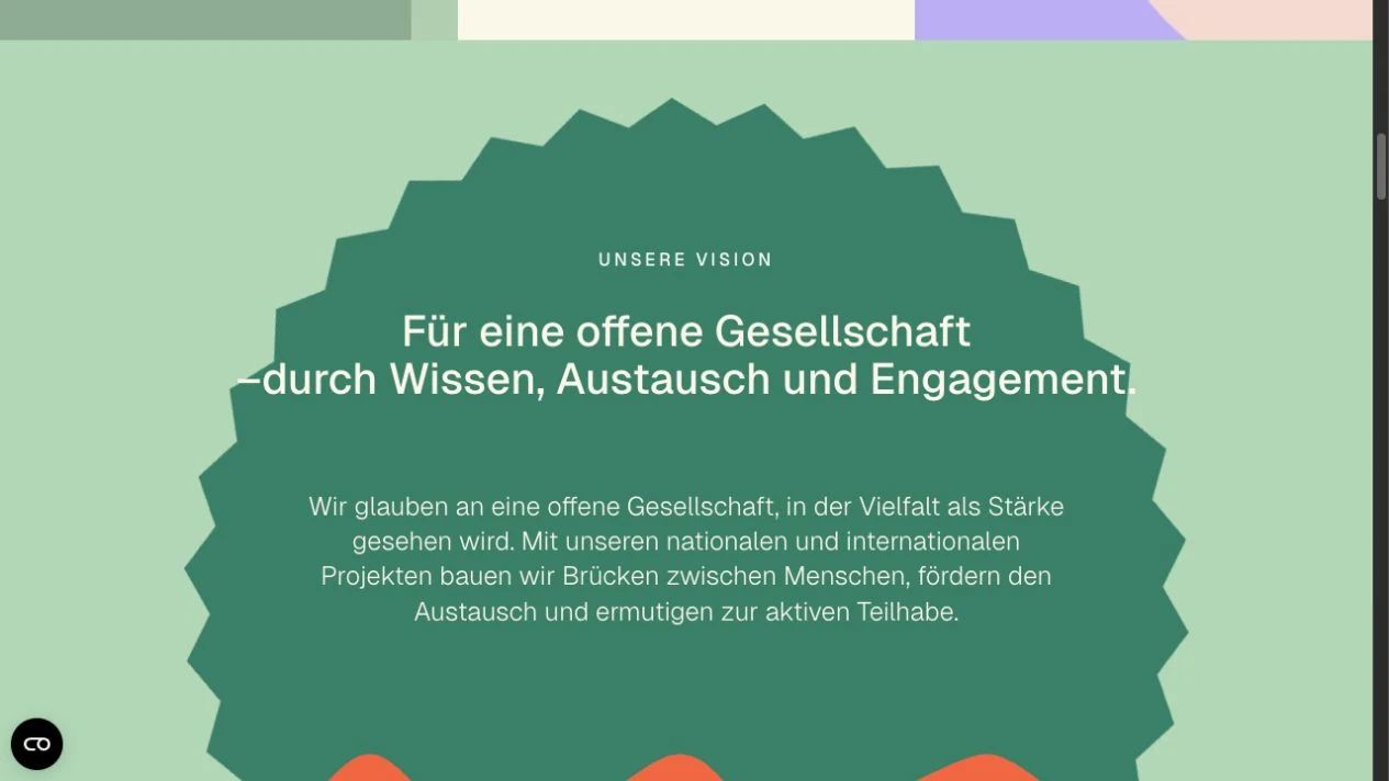 iKoBi Website: grüne Inhaltssektion zur Vision einer offenen Gesellschaft.