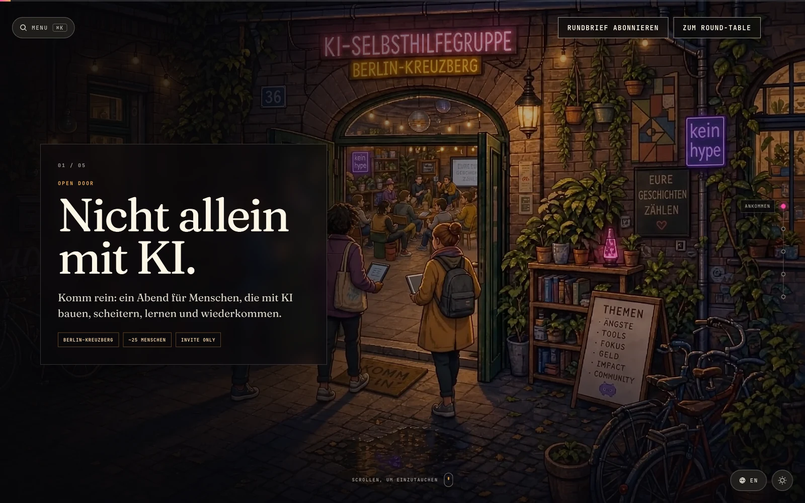 Startseite der KI Selbsthilfegruppe mit dem Einstieg „Nicht allein mit KI.“ – Webdesign und Umsetzung von CLOCKKNOCK.