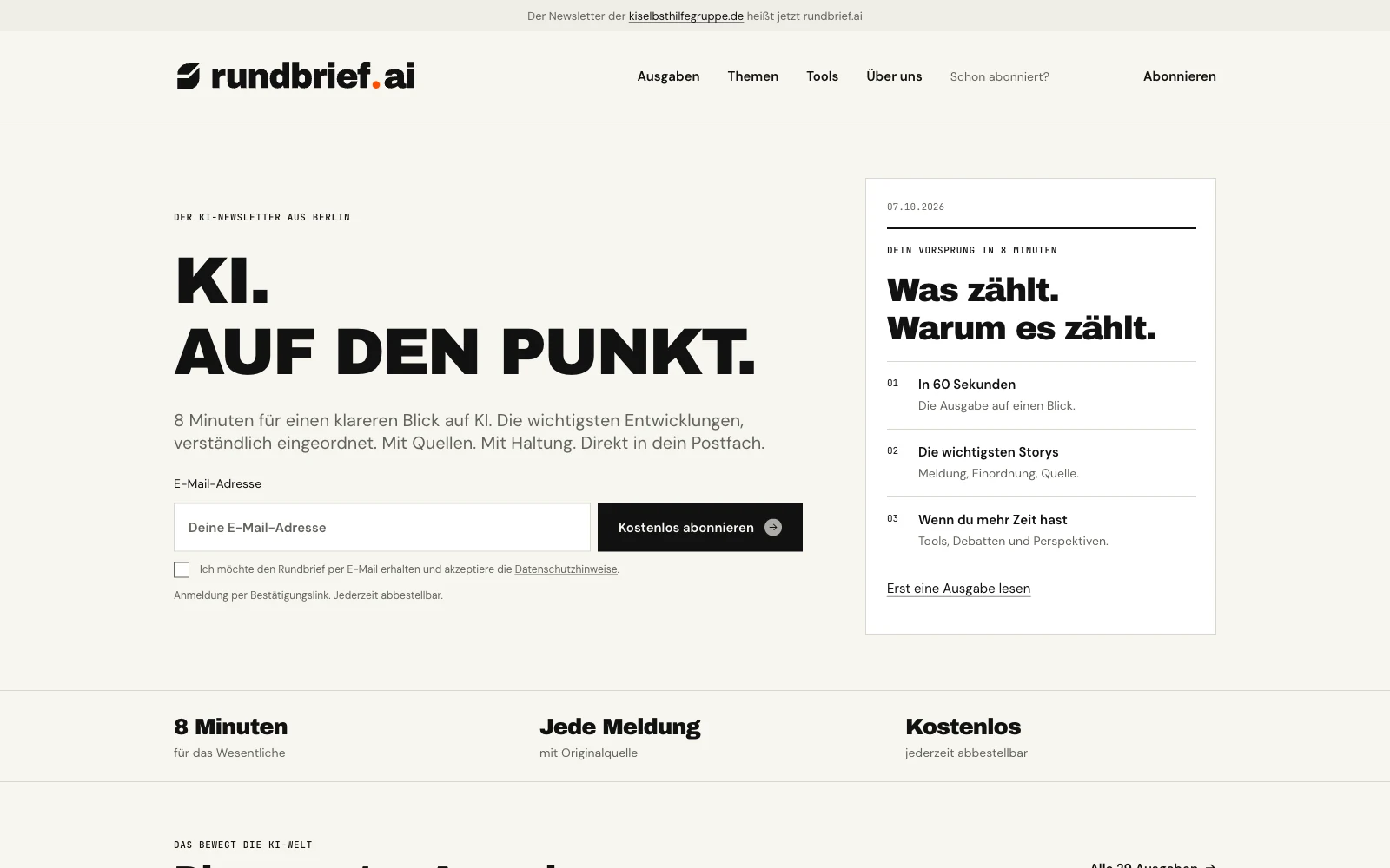Startseite von Rundbrief.ai mit der Überschrift „KI. Auf den Punkt.“ und Newsletter-Anmeldung – Webdesign und Umsetzung von CLOCKKNOCK.