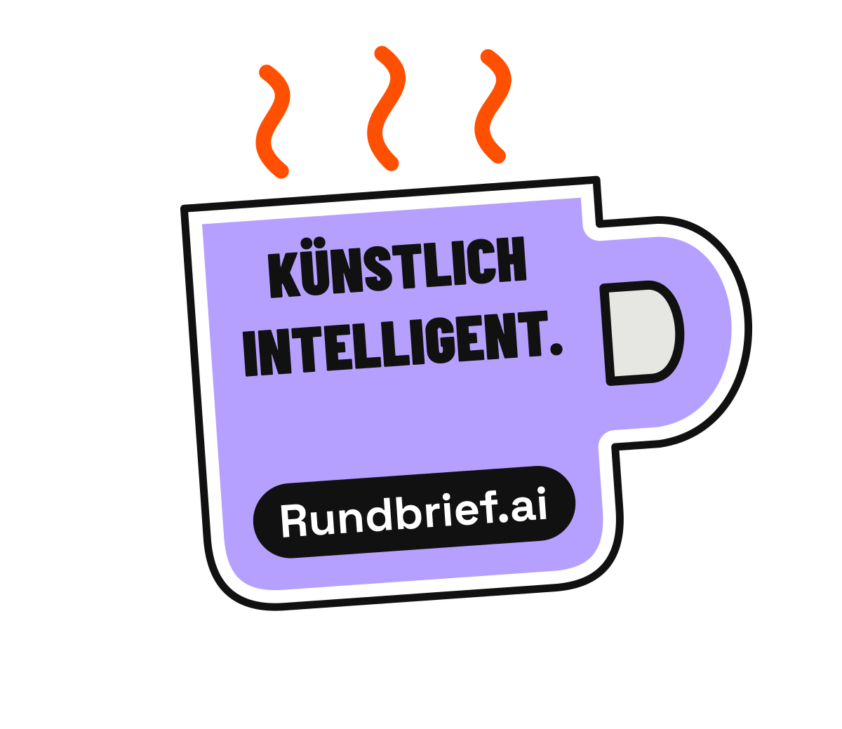Rundbrief.ai-Sticker: „Künstlich intelligent.“ auf einer violetten Tasse mit orangefarbenem Dampf.