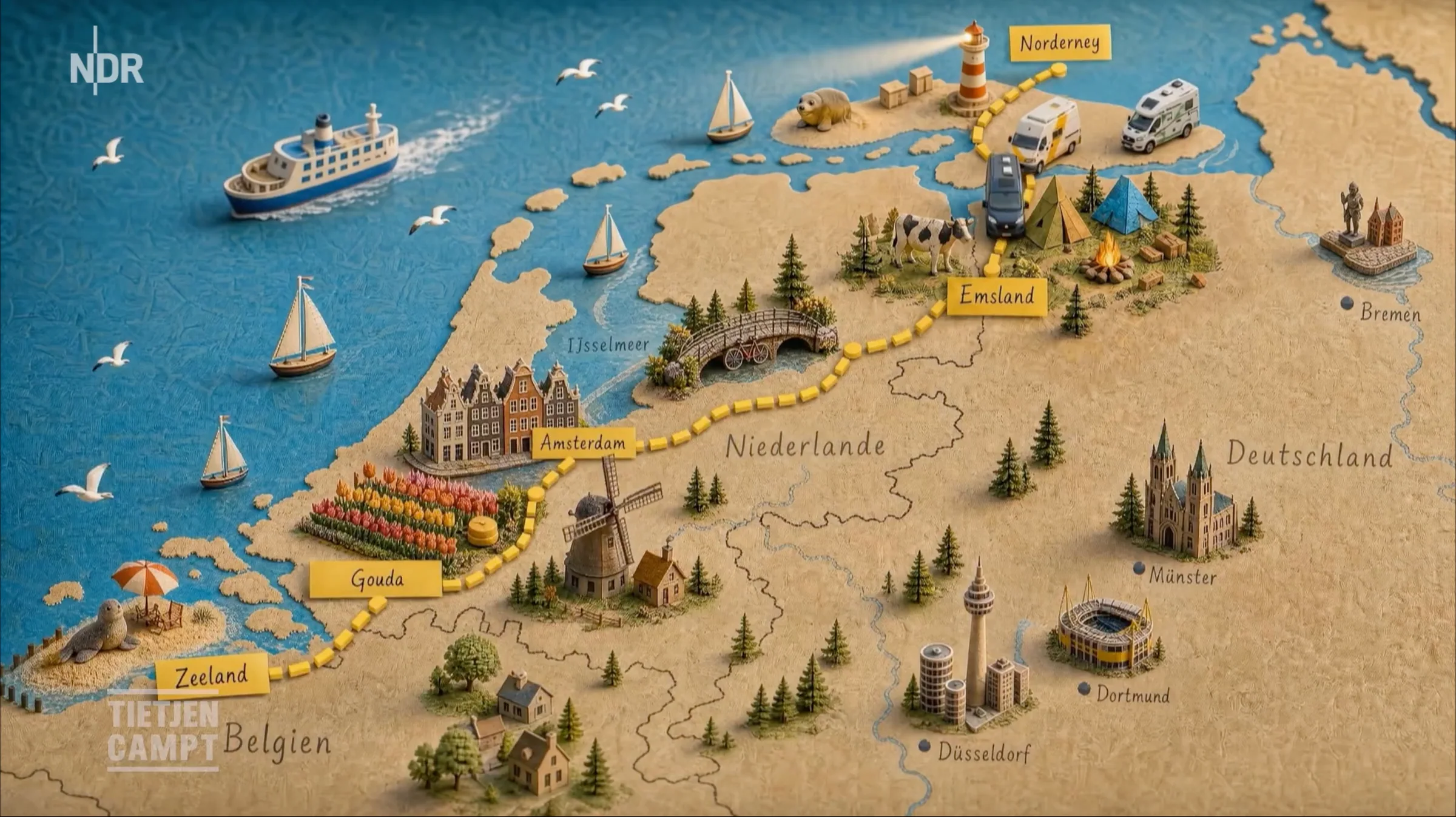 Still der Intro-Animation: Miniatur-Reisekarte von Norddeutschland bis in die Niederlande.