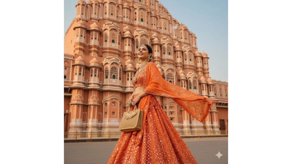 Street level portrait in front of Hawa Mahal Jaipur - AI Generated Image