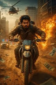 A realistic action scene of a young man riding a dusty blue dirt bike at high speed through a war-torn city street. - AI Generated Image