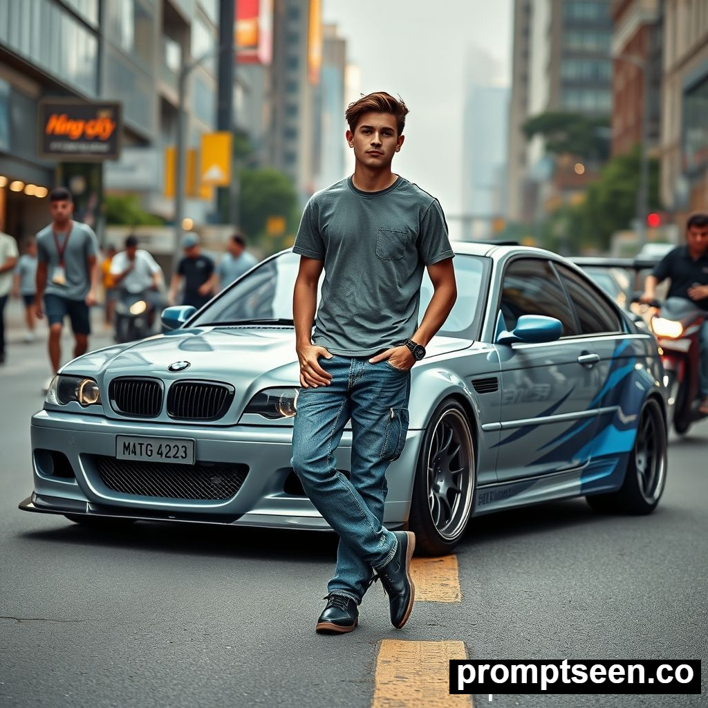 a man stand in front of car BMW E46 M3 - AI Generated Image