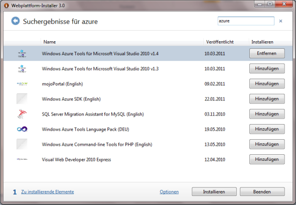 Microsoft Web Platform Installer - Suchergebnisse
