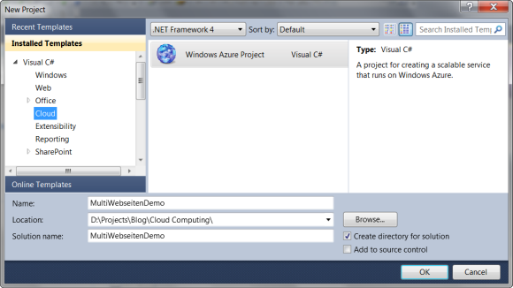 Projektvorlage: Windows Azure Project