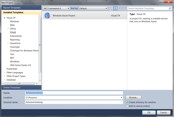 Die Windows Azure Projektvorlage