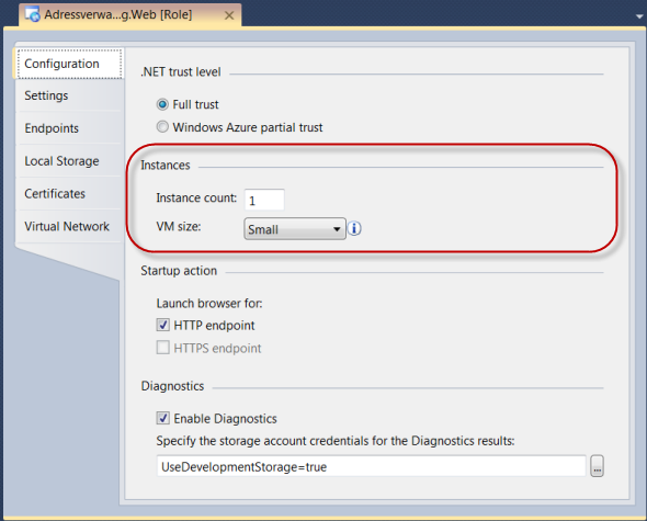 Windows Azure Rollen Konfiguration