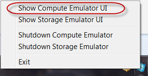 Windows Azure Emulator - Kontextmenü