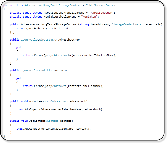Adressverwaltung - Table Storage Kontextklasse