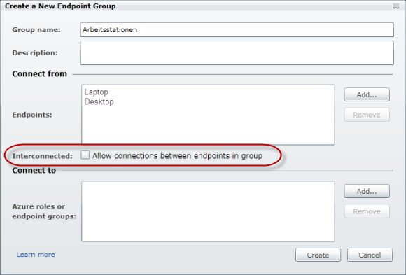 Windows Azure Connect - Erstelle Gruppe - Arbeitsstationen